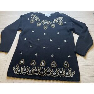 Margules Black VTG Beaded Sweater Women L 3/4 Sleeves Festive Glam‎ Retro Cotton